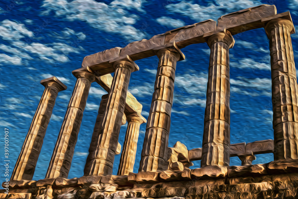 Colonnade at the ancient Greek Temple of Poseidon in Cape Sounion, one of the major monuments of the Athenian Golden Age perched on a promontory above the sea in southern Greece. Oil paint filter.