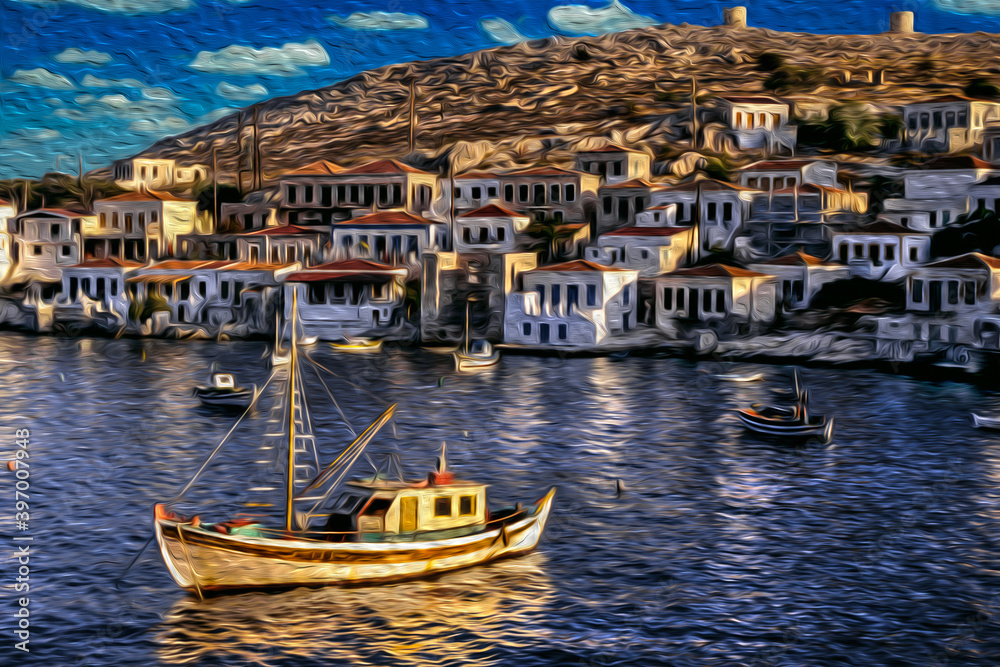 Charming fishing boat in front of a typical village from a small island, at sunset in the Aegean sea of Greece. Oil paint filter.