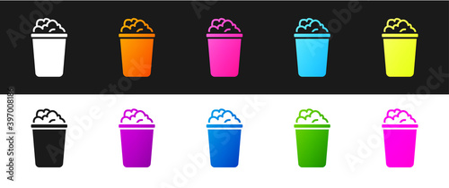 Set Bucket with soap suds icon isolated on black and white background. Bowl with water. Washing clothes, cleaning equipment. Vector.