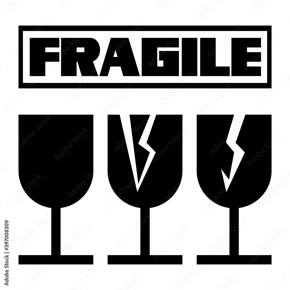 Fragile material.Sign. Image of broken and unbroken wine glasses, text
