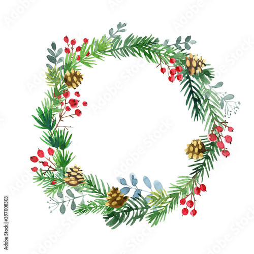 Christmas wreath. Ornaments from the branches painted with watercolors on white background. Branches of trees. 