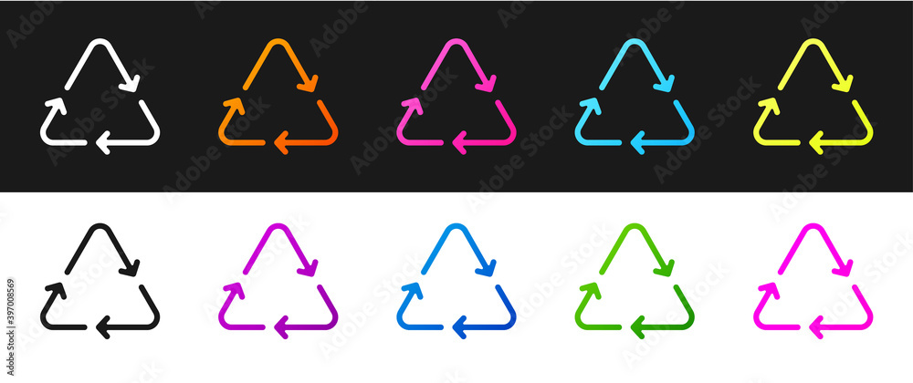 Set Recycle symbol icon isolated on black and white background. Circular arrow icon. Environment recyclable go green. Vector. Set Recycle symbol icon isolated on black and white background. Circular arrow icon. Environment recyclable go green. Vector.