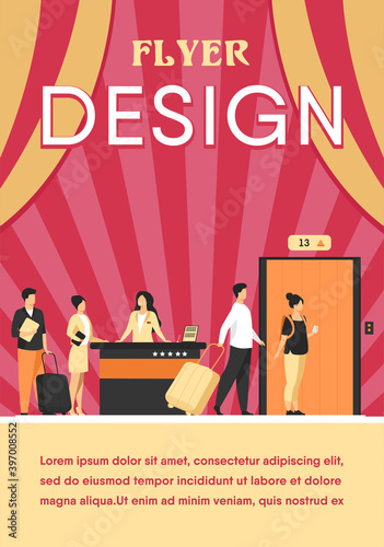 Tourists with luggage waiting at hotel reception desk, walking through lobby to elevator. Receptionists welcoming guests at counter. Vector illustration for hotel business, hospitality, travel concept