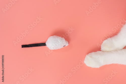 White cat legs and a toy mouse. Pink background, copy space, top view. Concept of games and entertainment for pets.