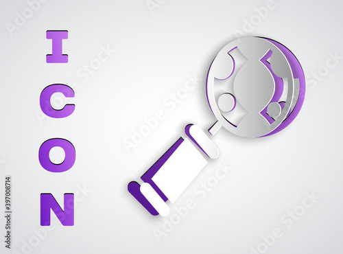 Paper cut DNA research, search icon isolated on grey background. Magnifying glass and dna chain. Genetic engineering, cloning, paternity testing. Paper art style. Vector.