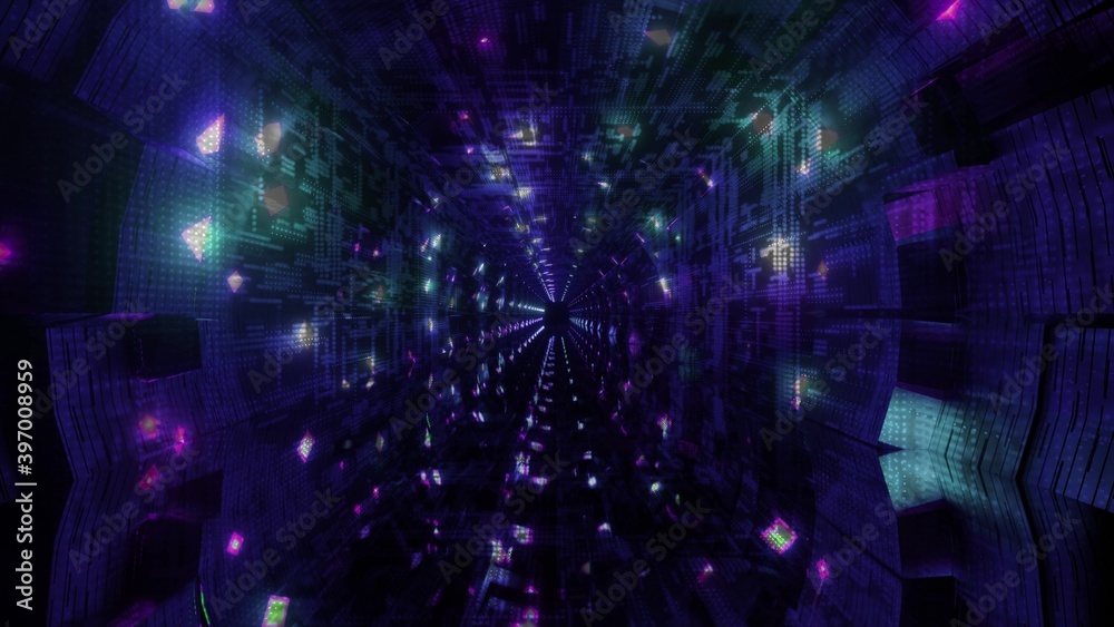 Magic neon dots tunnel 3d illustration wallpaper background artwork