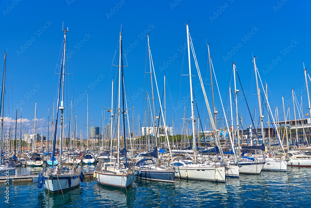 Fototapeta premium Port Olimpic Barcelona. Boats in the harbor