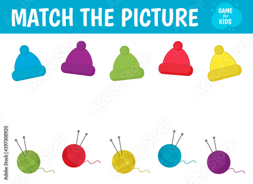 Children's educational game. Connect the colors. Cute hats and balls. Vector illustration.