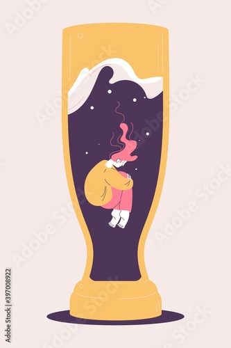 Young depressed woman drowning into beer glass. Concept illustration about alcoholism and heavy drinking