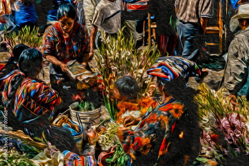 Folkloric market with indigenous people wearing typical colorful clothes in Chichicastenango. A cute countryside village near the Atitlan Lake in the highlands of western Guatemala. Oil paint filter.
