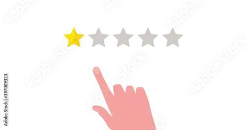 4K Stock video, Looped 2d star rating animation, five stars, white background. Seamless motion animated footage, customer gives review on product or app, client feedback, concept of quality service 