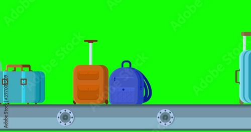 4K resolution Looped animation of baggage belt with Suitcases. 2d Seamless motion animated footage, with bag conveyer. airport Luggage carousel, conveyor belt with briefcases, green screen, flat style