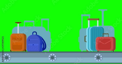 4K Stock video, Looped animation of airport conveyor belt, green screen. 2D Seamless motion animated footage of bags, suitcases on baggage belt. tourism Concept and summer vacation, international trip