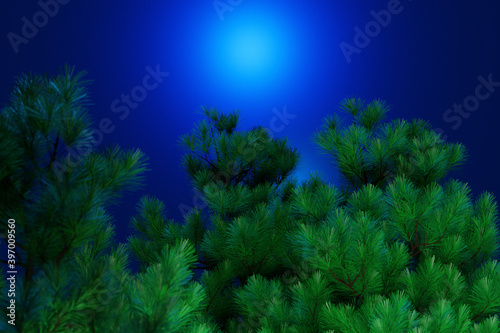 3D illustration of a close up of the bright green young coniferous branches on a blue blurred background, soft focus