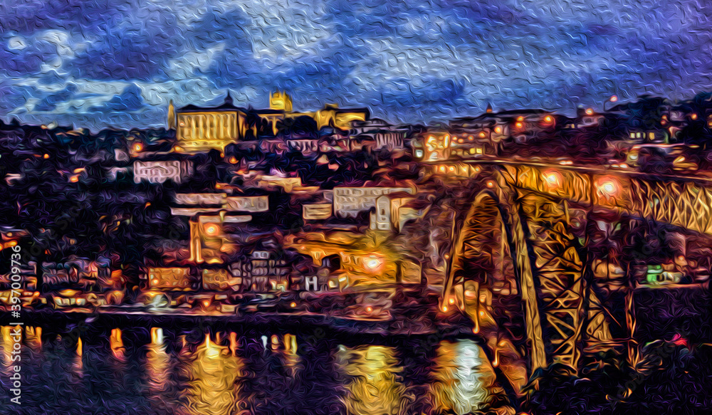 Bridge over Douro River and buildings in the night skyline of Porto historic city center. An old city located along the Douro River estuary and the second-largest city in Portugal. Oil paint filter.