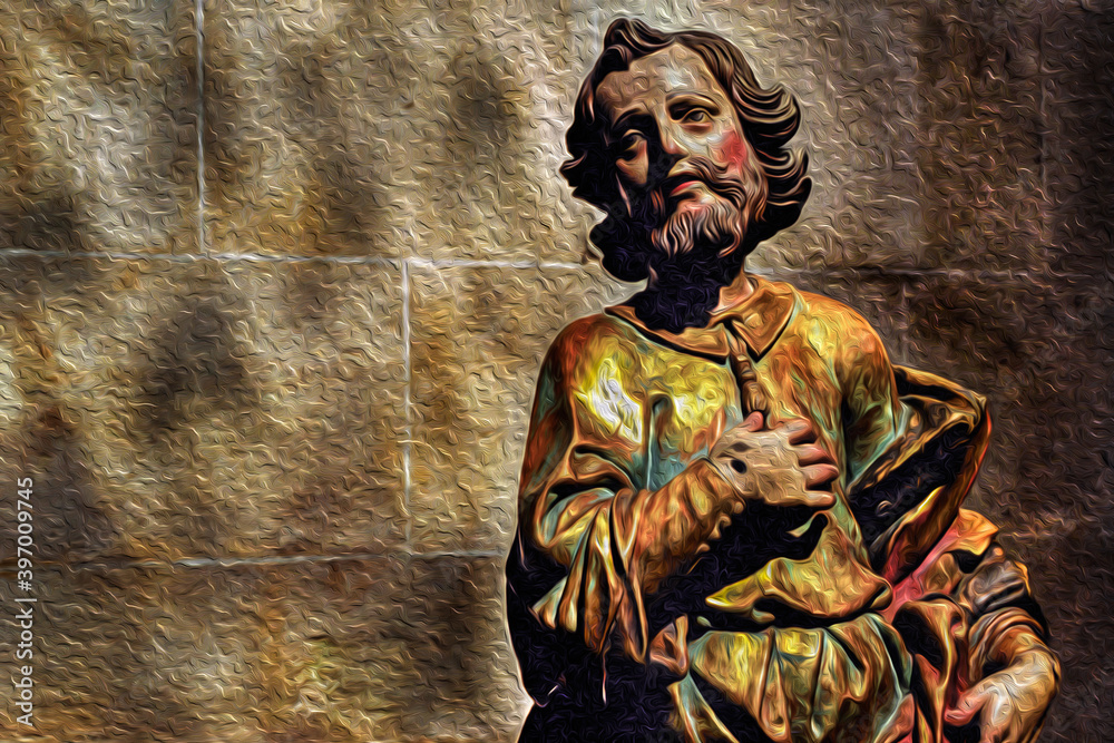 Religious sculpture of a saint in baroque style in a church from Porto. An old city located along the Douro River estuary and the second-largest city in Portugal. Oil paint filter. Religious sculpture of a saint in baroque style in a church from Porto. An old city located along the Douro River estuary and the second-largest city in Portugal. Oil paint filter.
