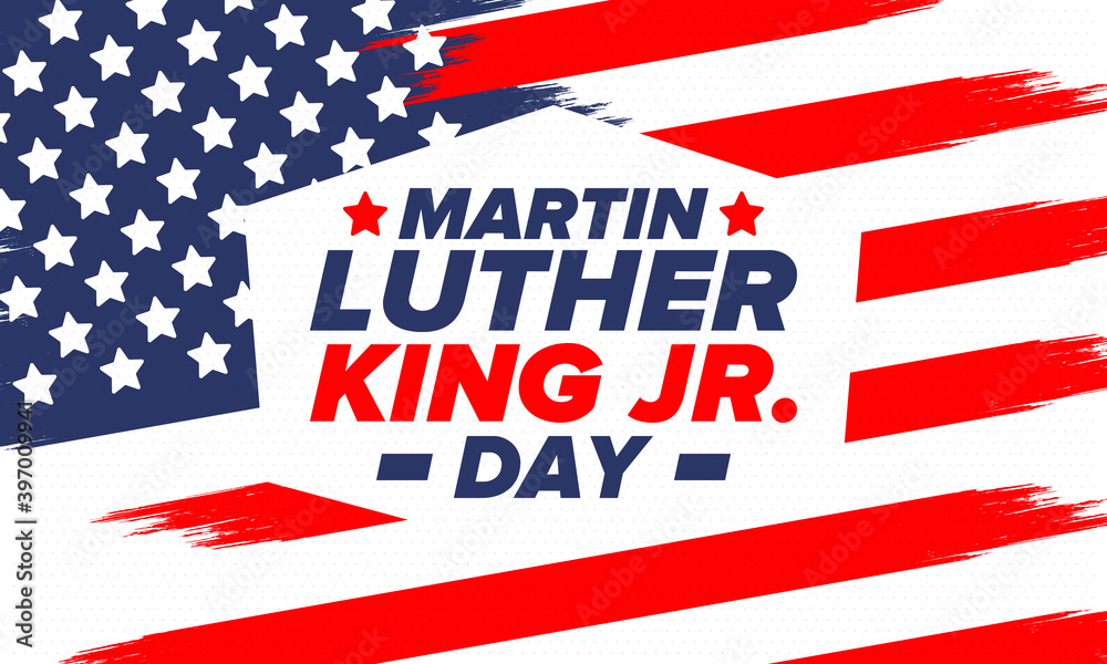 Martin Luther King, Jr. Day. Celebrated annual in United States in January, federal holiday. African American Rights Fighter. Patriotic american elements. Poster, card, banner, background. Vector