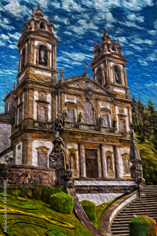 Braga, Portugal – July 18, 2002. Baroque facade of church and garden at the Bom Jesus do Monte Sanctuary near Braga. A historic and important tourist attraction in norther Portugal. Oil paint filter.