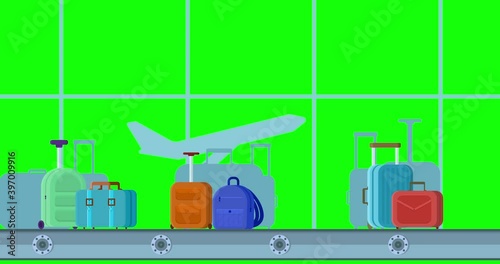 4K resolution Looped animation of conveyor belt and plane on background. green screen Seamless motion animated footage in flat style with Luggage airport carousel, baggage line with bags and suitcases