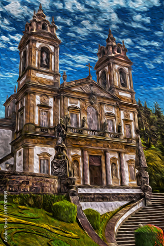 Braga, Portugal – July 18, 2002. Baroque facade of church and garden at the Bom Jesus do Monte Sanctuary near Braga. A historic and important tourist attraction in norther Portugal. Oil paint filter.