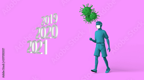 Boy walking to new year with a mask and viruses balloons. 3D render