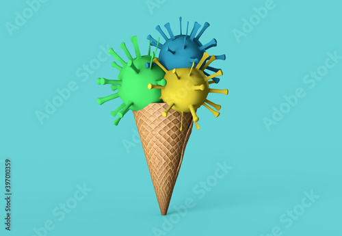 Conceptual art viruses in ice cream cone. 3D render