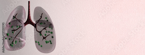 Lungs contaminated with viruses, pneumonia concept, horizontal banner 3d rendered