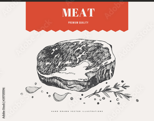 Ribeye steak vector illustration. Hand-drawn piece of cut meat on light background. Concept of fresh agricultural products. Design element for menu, flyer, poster of butcher shop, market, restaurant.