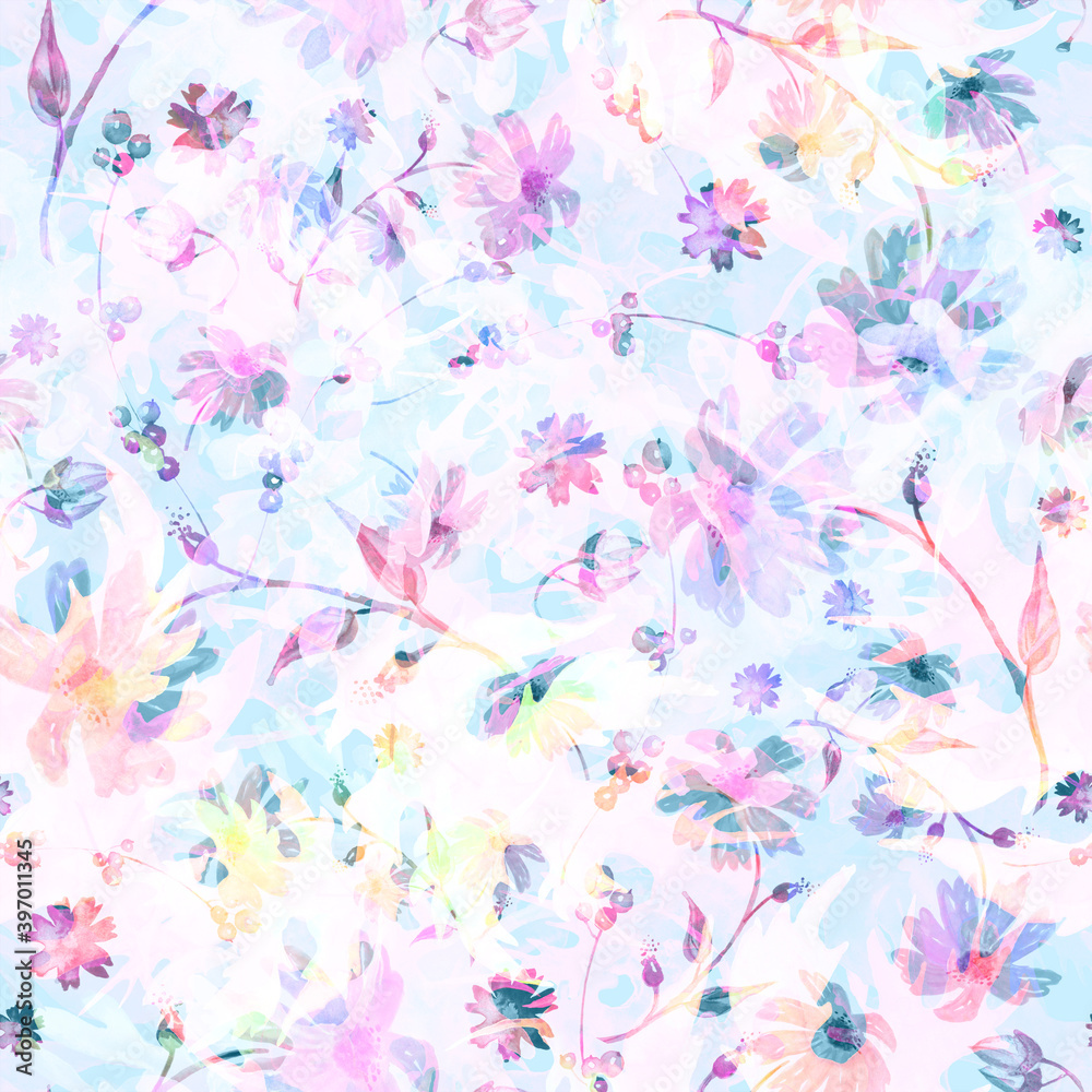 Vintage seamless watercolor pattern of plants. Herbs, flowers, chamomile, flowers watercolor. abstract splash of paint. flowers dandelion, sunflower, leaves, calendula.chamomile, daisy, acorn, walnut