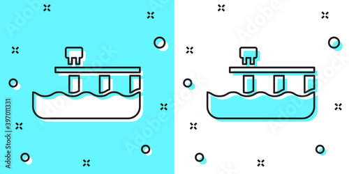 Black line Beach pier dock icon isolated on green and white background. Random dynamic shapes. Vector.
