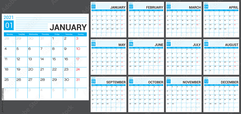 Calendar 2021 vector design template. Monthly planner. Calendar 2021 vector design template. Monthly planner.