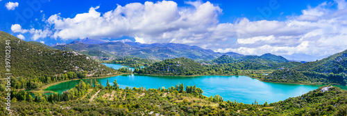 Nature scenery, beautiful landscape of turquoise Bacina lake in Croatia. Dalmatia region