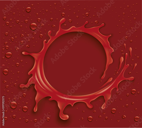 juice background. Dark red splash with many drops
