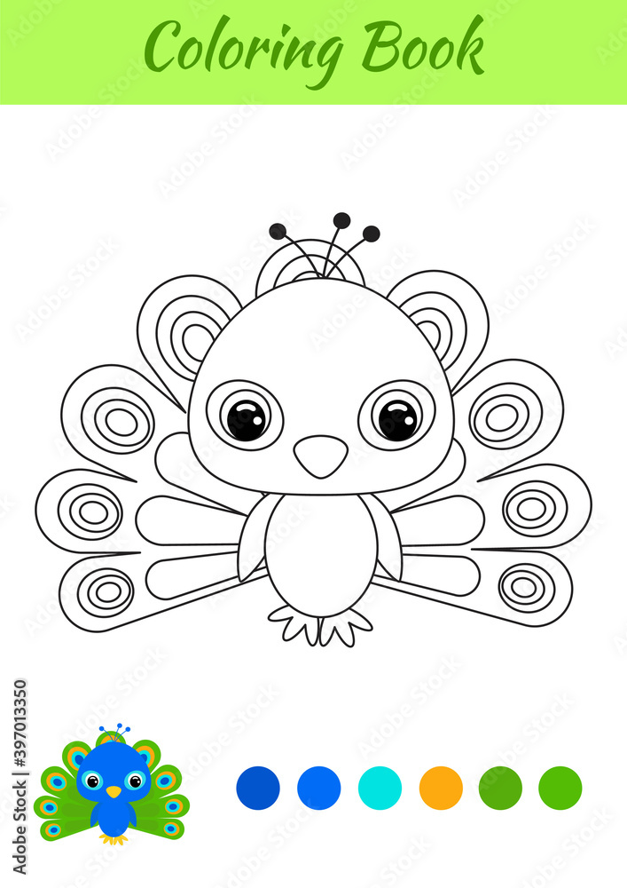 Fototapeta premium Coloring book little baby peacock. Coloring page for kids. Educational activity for preschool years kids and toddlers with cute animal. Black and white vector stock illustration.