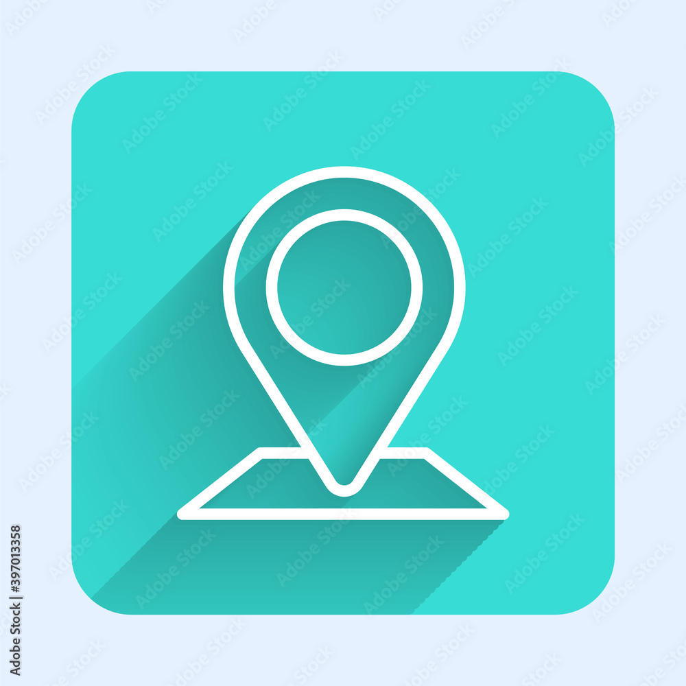 White line Map pin icon isolated with long shadow. Navigation, pointer, location, map, gps, direction, place, compass, search concept. Green square button. Vector Illustration. White line Map pin icon isolated with long shadow. Navigation, pointer, location, map, gps, direction, place, compass, search concept. Green square button. Vector Illustration.