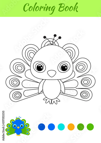 Coloring book little baby peacock. Coloring page for kids. Educational activity for preschool years kids and toddlers with cute animal. Black and white vector stock illustration.