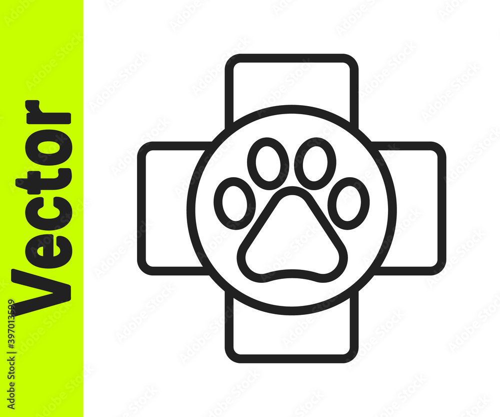 Black line Veterinary clinic symbol icon isolated on white background. Cross hospital sign. A stylized paw print dog or cat. Pet First Aid sign. Vector. Black line Veterinary clinic symbol icon isolated on white background. Cross hospital sign. A stylized paw print dog or cat. Pet First Aid sign. Vector.