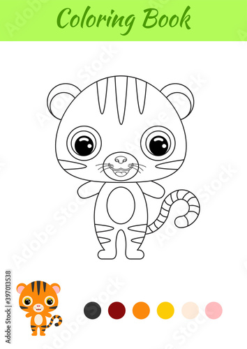 Fototapeta Naklejka Na Ścianę i Meble -  Coloring book little baby tiger. Coloring page for kids. Educational activity for preschool years kids and toddlers with cute animal. Black and white vector stock illustration.