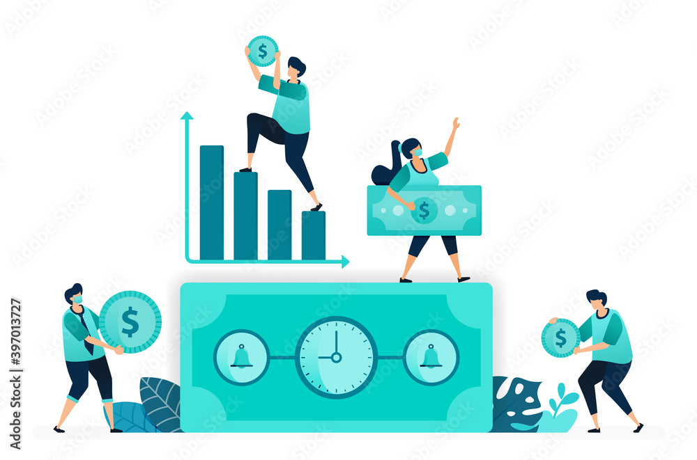 vector illustration of Time is money with clock. bell on dollar bill ...