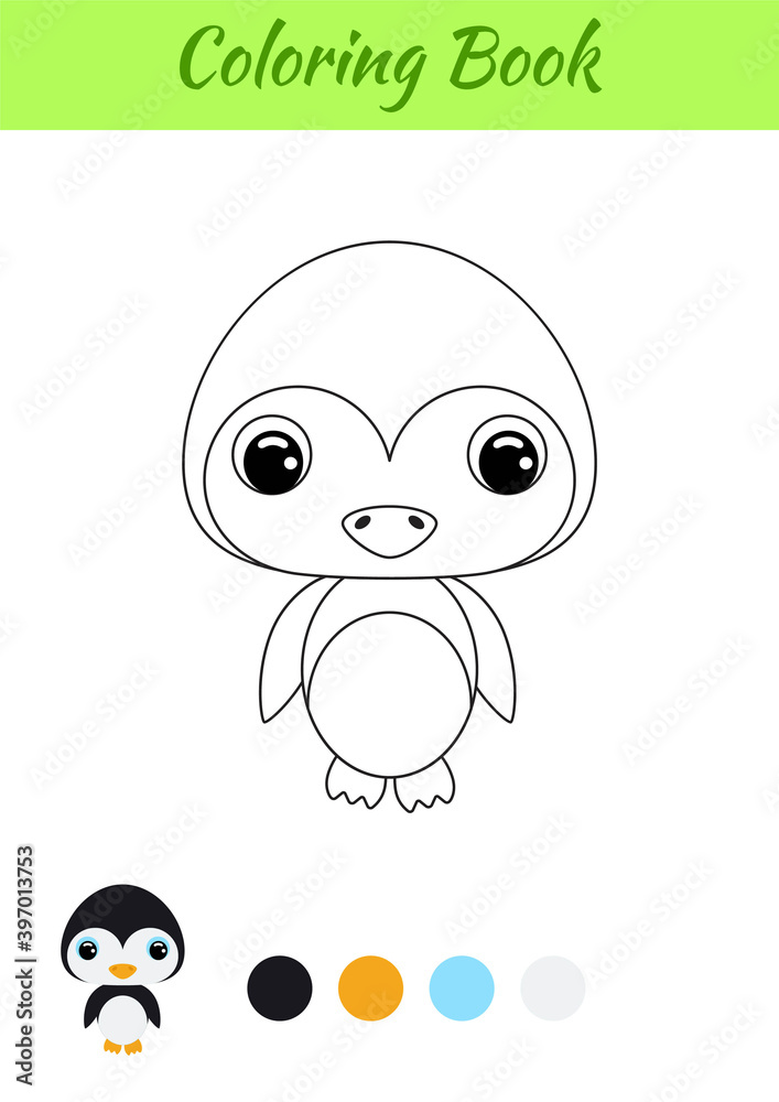 Fototapeta premium Coloring book little baby penguin. Coloring page for kids. Educational activity for preschool years kids and toddlers with cute animal. Black and white vector stock illustration.