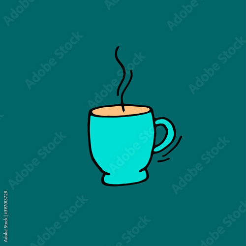 A mug with hot coffee, tea. Vector doodle illustration, hand drawn.