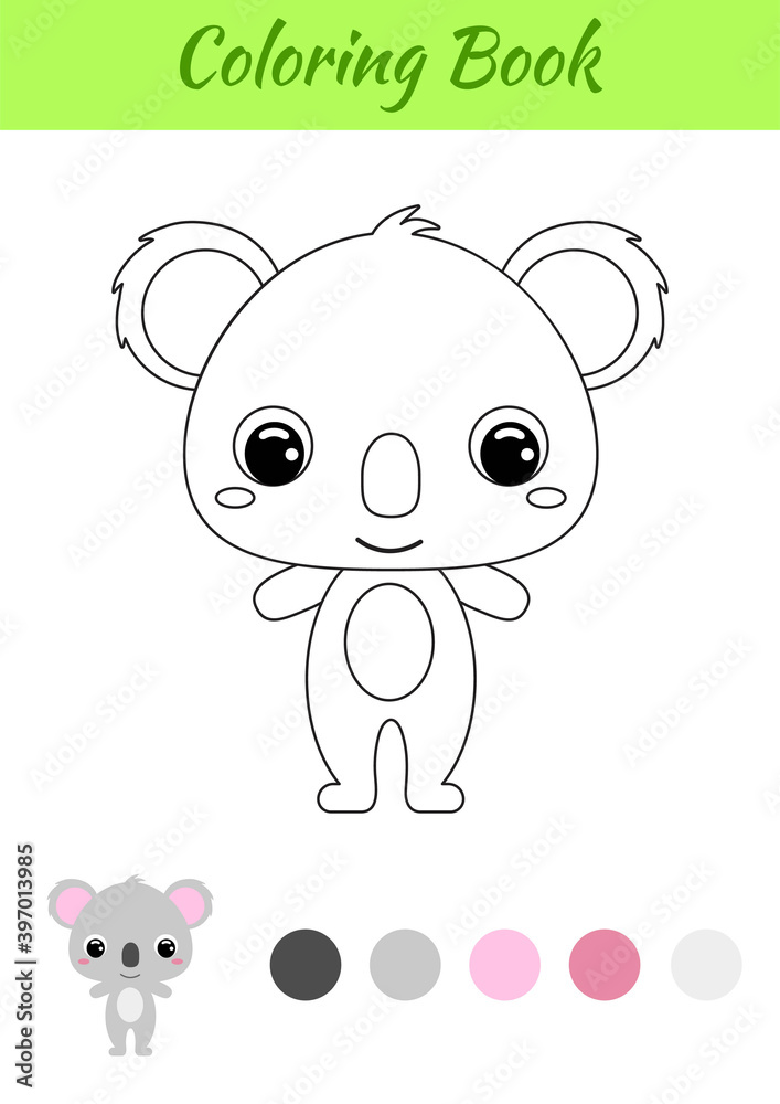 Coloring book little baby koala. Coloring page for kids. Educational activity for preschool years kids and toddlers with cute animal. Black and white vector stock illustration.
