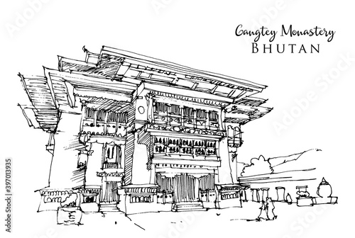 Drawing sketch illustration of Gangtey Monastery in Nyingmapa, Bhutan