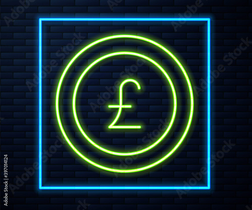 Glowing neon line Coin money with pound sterling symbol icon isolated on brick wall background. Banking currency sign. Cash symbol. Vector.