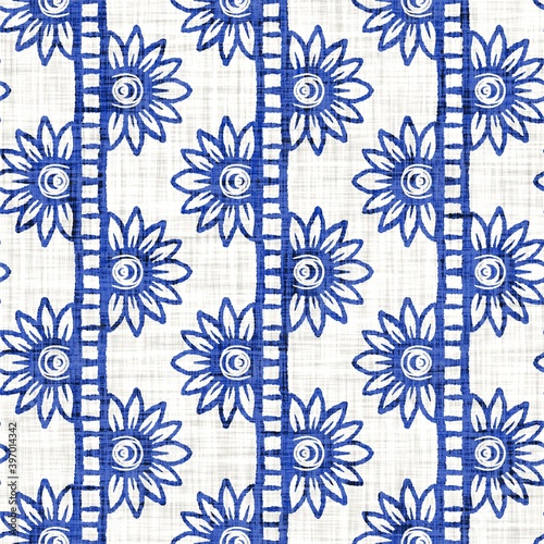Fototapeta Naklejka Na Ścianę i Meble -  Azure blue block print flower texture background. Seamless white linen coastal farmhouse textile effect. Distressed wet wash batidye ffect style pattern. Nautical beach decorative floral cloth swatch