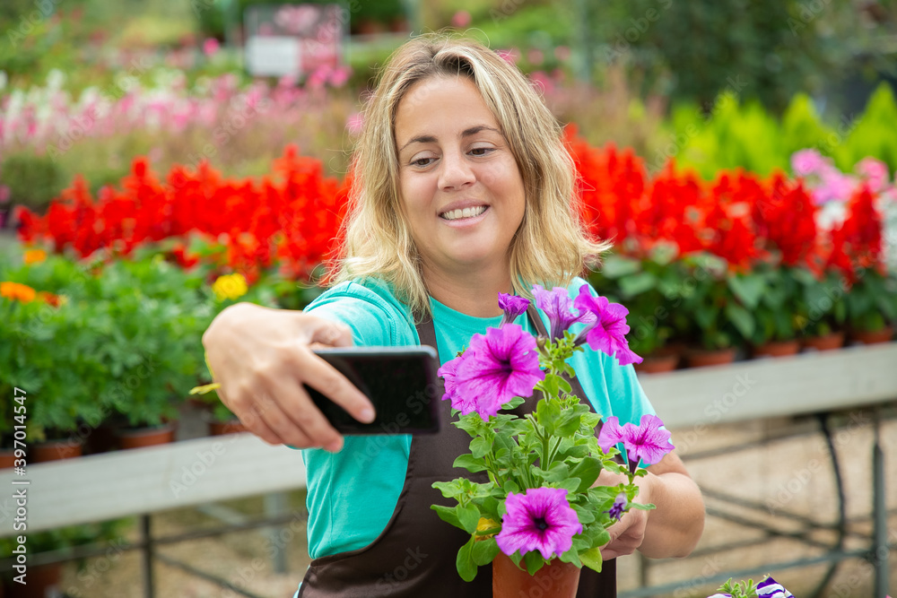 Happy female gardener taking selfie with potted petunia. Caucasian pretty blonde woman holding smartphone, smiling and photographing in conservatory. Gardening and digital technology concept
