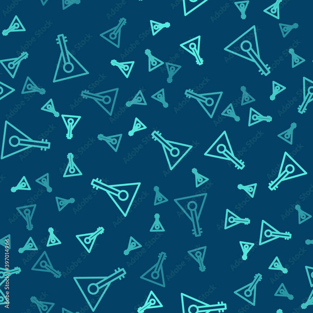 Green line Musical instrument balalaika icon isolated seamless pattern on blue background. Vector.