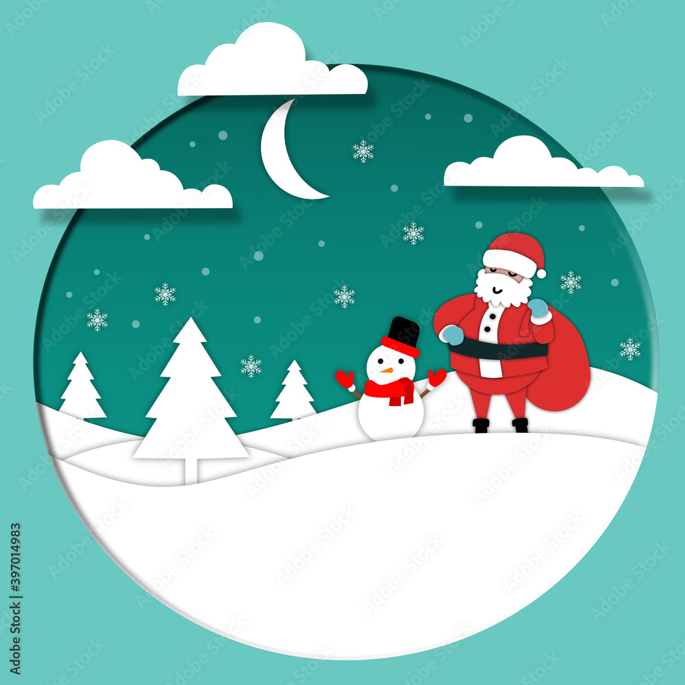 Merry christmas greeting card. the holiday season of santa claus with a cute snowman on the hills and snowflakes. paper cut style Merry christmas greeting card. the holiday season of santa claus with a cute snowman on the hills and snowflakes. paper cut style