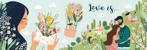 Romantic illustrations with men and women. Love, love story, relationship. Vector design banner Valentines Day and other.