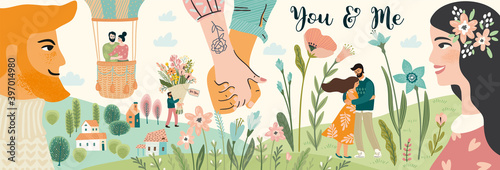 Romantic illustrations with men and women. Love, love story, relationship. Vector design banner Valentines Day and other.